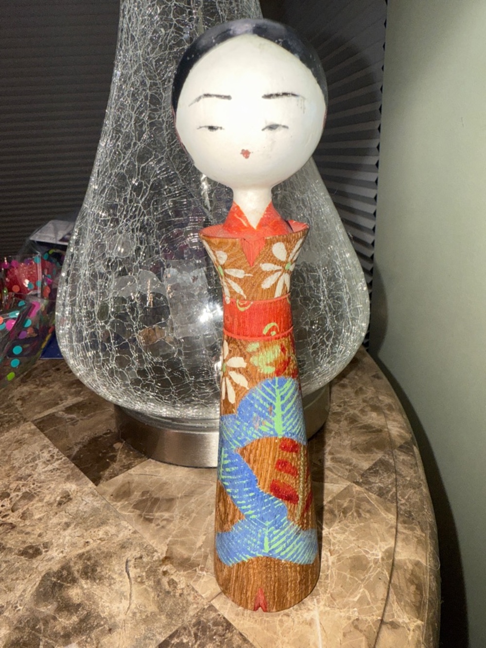 Hand-Painted Vintage Wooden Kokeshi Doll in Red, Blue, and Brown